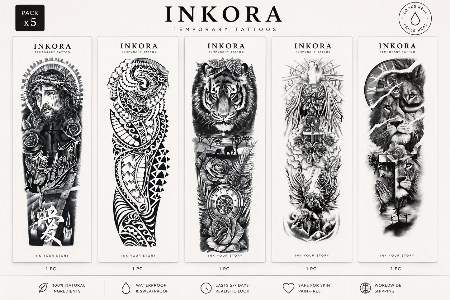 Realism Sleeve 5 Pack — full arm temporary tattoo set with 5 realistic designs